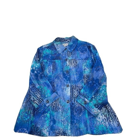 SOUTHERN LADY Aqua Blue Floral Long Sleeve Button Down Blouse Jacket Size L - Picture 8 of 16